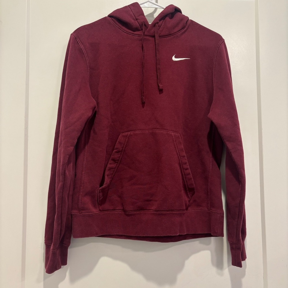 Nike Mens Pullover Hoodie Burgundy Maroon White Swoosh Logo Fleece Sweatshirt